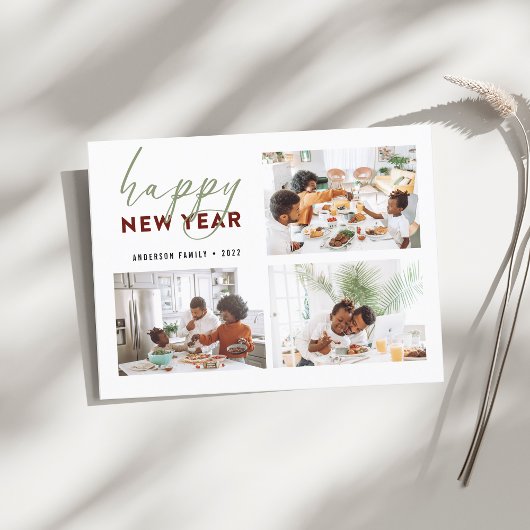 シンプルハッピーニューイヤー書道フォトホリデー ポストカード