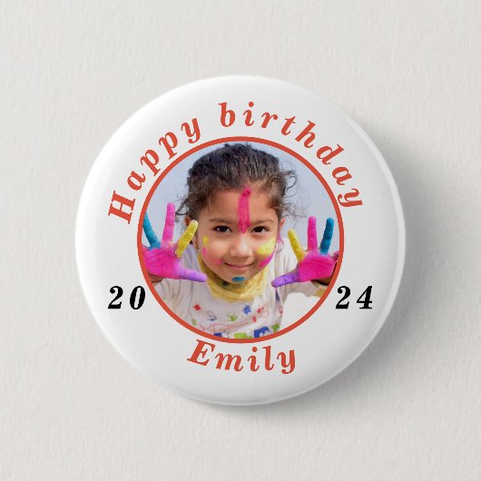 シンプルハッピーバースデー写真の名前の年齢 缶バッジ (正面)