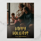 シンプルハッピーホリデイズフル縦型フォト金ゴールド 箔シーズンポストカード (正面)