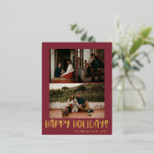 シンプルハッピーホリデイズレッド縦型3枚 |金ゴールド 箔シーズンポストカード (立ち正面)