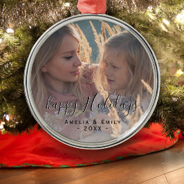 シンプルハッピーホリデーズスクリプトフルフォト メタルオーナメント