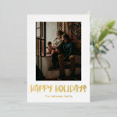 シンプルハッピーホリデー縦型独身の写真金ゴールド 箔シーズンカード (立ち正面)