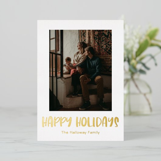 シンプルハッピーホリデー縦型独身の写真金ゴールド 箔シーズンカード (立ち正面)