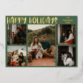 シンプルハッピーホリデー |グリーン5枚の写真金ゴールド 箔シーズンカード (正面)