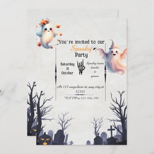 シンプルハローウィンパーティ招待状-フレンドリー幽霊 招待状 (正面/裏面)