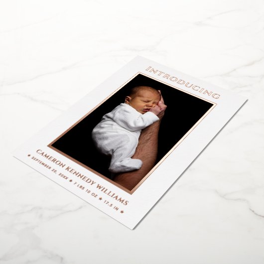 シンプルハローベビーキュートカスタム誕生写真生まれたばかりの 箔招待状 (回転した状態)