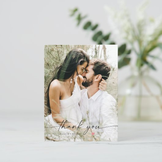 シンプルハートの写真と共に結婚スクリプトを作成 ポストカード (スタンド正面)