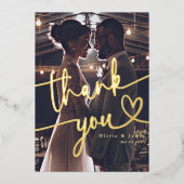 シンプルハートの写真をスクリプトに結婚感謝 箔シーズンカード (正面)