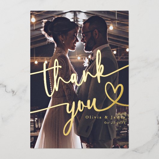 シンプルハートの写真をスクリプトに結婚感謝 箔シーズンカード (正面)