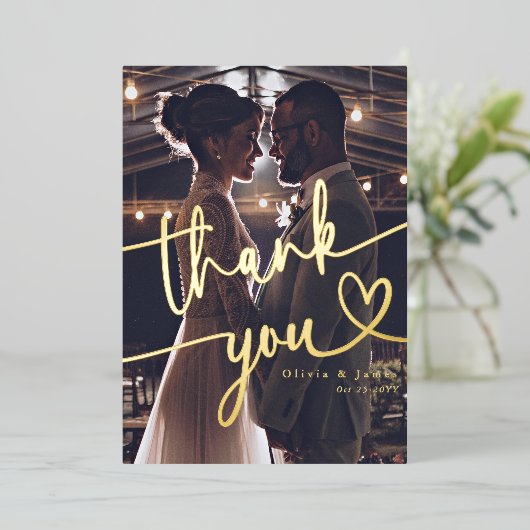 シンプルハートの写真をスクリプトに結婚感謝 箔シーズンカード (立ち正面)