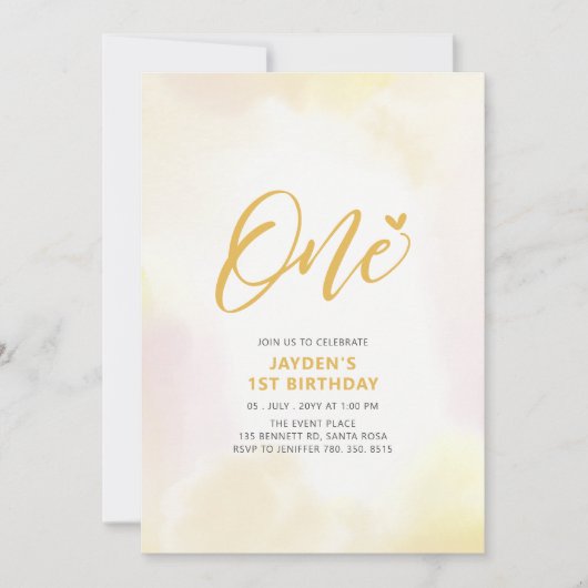 シンプルハートイエローワンガールバースデーパーティー 招待状 (正面)