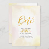 シンプルハートイエローワンガールバースデーパーティー 招待状 (正面/裏面)