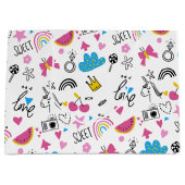シンプルハートガーリー赤面ピンク手描きパターン ラージペーパーバッグ (正面)