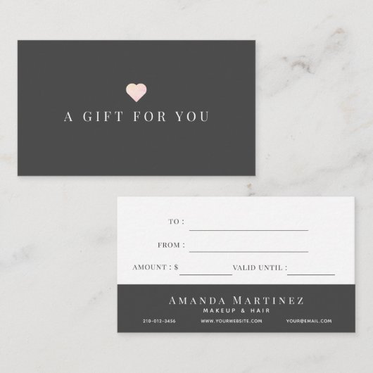 シンプルハートダークグレーギフト証明書 名刺 (正面/裏面)