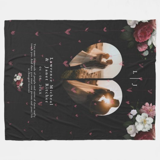 シンプルハートパーソナライズされた図形2フォトコラージュ フリースブランケット (正面(横))