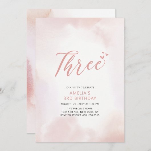 シンプルハートピンク三女の子バースデーパーティー 招待状 (正面/裏面)