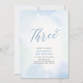 シンプルハートブルー三つ三つ男の子バースデーパーティー 招待状 (正面)