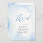 シンプルハートブルー三つ三つ男の子バースデーパーティー 招待状 (正面/裏面)