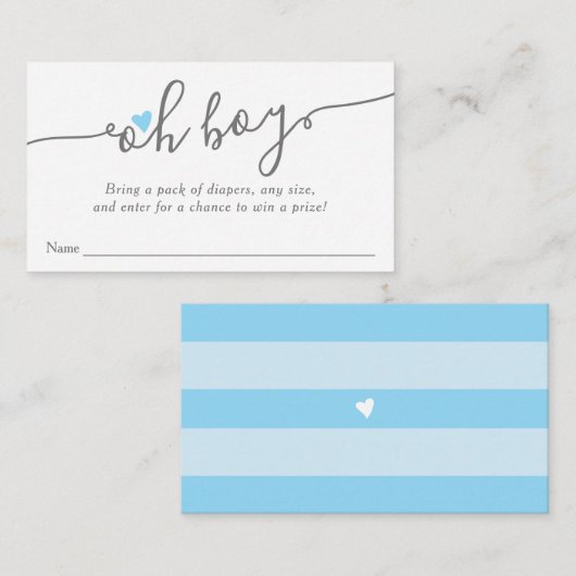 シンプルハートブルー男の子ベビーシャワーおむつラッフル エンクロージャーカード (正面/裏面)