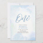 シンプルハートブルーOne 1st男の子バースデーパーティー 招待状 (正面)