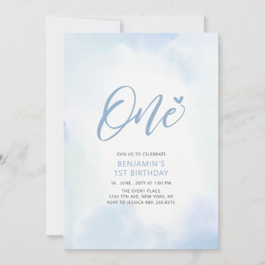 シンプルハートブルーOne 1st男の子バースデーパーティー 招待状 (正面)