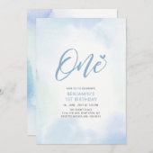 シンプルハートブルーOne 1st男の子バースデーパーティー 招待状 (正面/裏面)