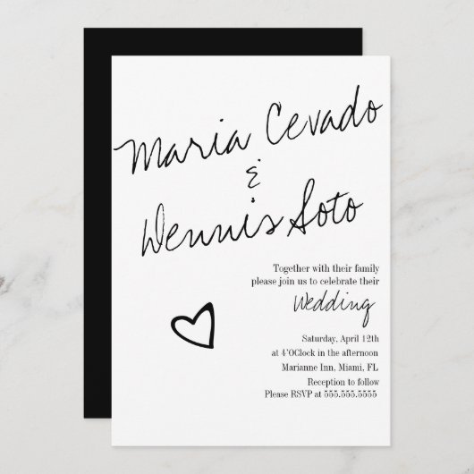 シンプルハートレタリングスクリプ結婚ト 招待状 (正面/裏面)