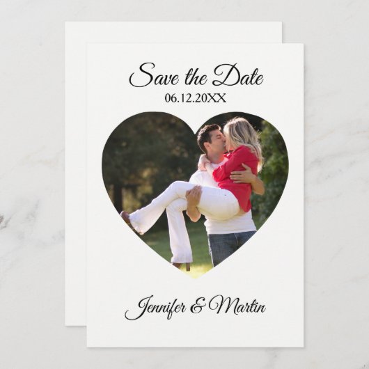 シンプルハート図形の写真の日付の保存 招待状 (正面/裏面)