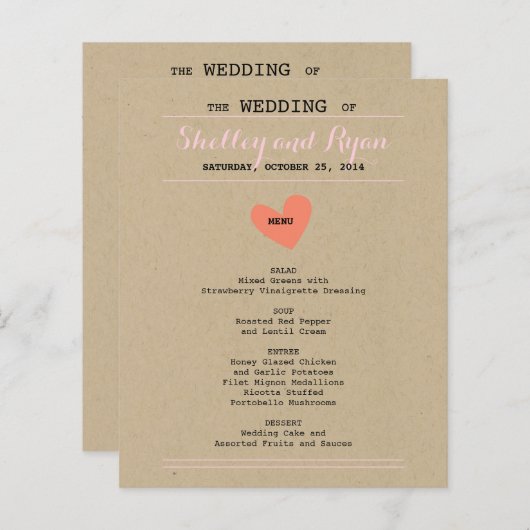 シンプルハート結婚のメニューカード (正面/裏面)