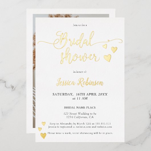 シンプルハート金ゴールドスクリプトchicブライダルシャワー写真 箔招待状 (正面/裏面)