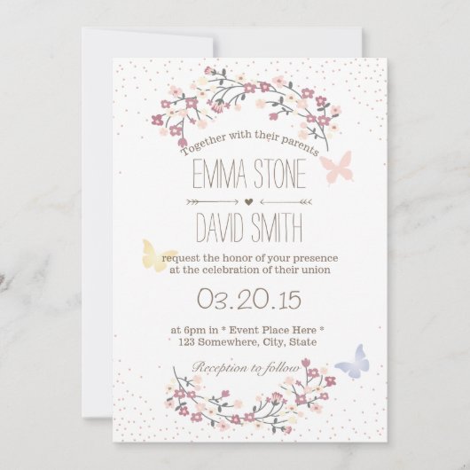 シンプルバタフライ&フラワーズ春の結婚式 招待状 (正面)