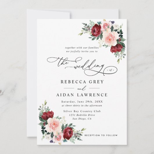 シンプルバミニマルルグンディ赤面結婚フローラ 招待状 (正面)