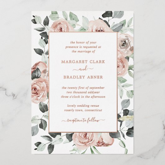シンプルバラほこりっぽいピンクフローラエレガントな結婚式 箔招待状 (正面)