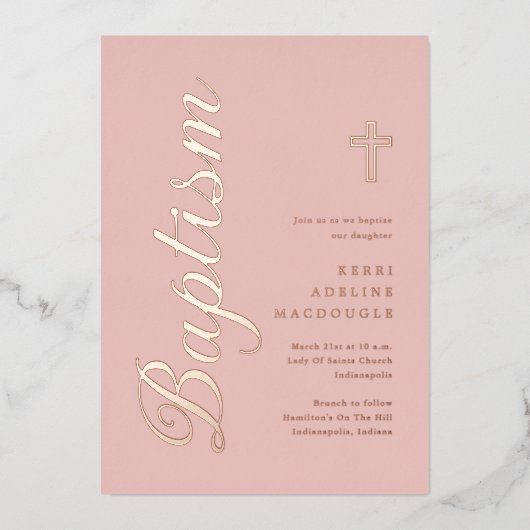 シンプルバラエレガント金ゴールドバプテスマ《キリスト教》洗礼式や命名式 箔招待状 (正面)