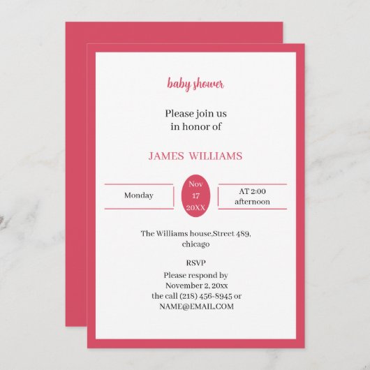 シンプルバラカスタム赤ちゃんシャワー 招待状 (正面/裏面)