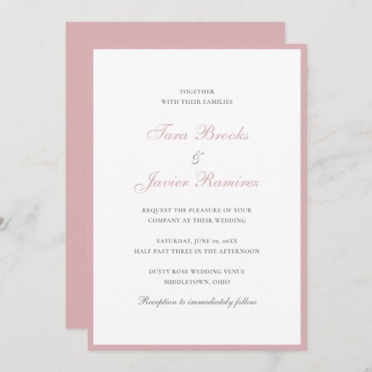 シンプルバラピンクのエレガ伝統的ントウェディング 招待状 (正面/裏面)