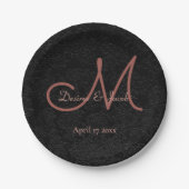 シンプルバラブラック金ゴールドエレガントなウェディングモノグラム ペーパープレート (正面)