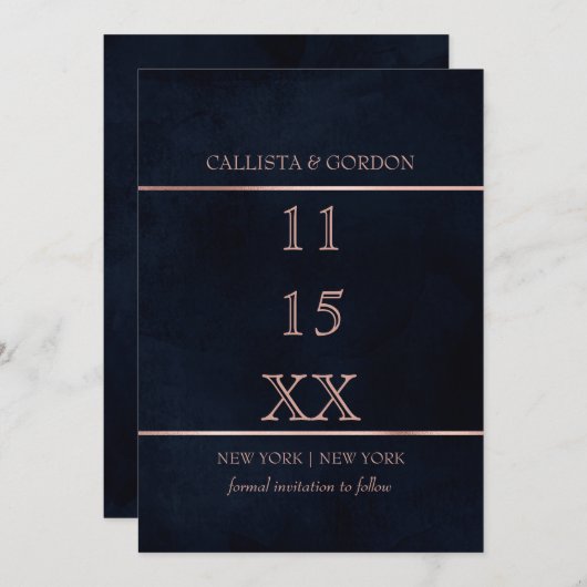 シンプルバラモダン金ゴールドネイビーブルーウォーター色 セーブザデート (正面/裏面)