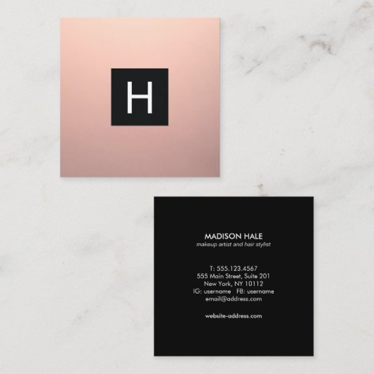 シンプルバラモダン金ゴールド銅モノグラム スクエア名刺 (正面/裏面)