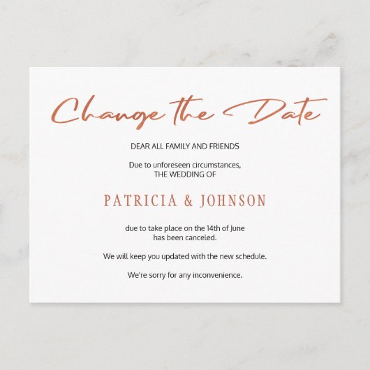 シンプルバラ金ゴールドス結婚クリプトの日付の変更 案内ポストカード (正面)