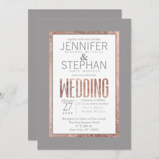 シンプルバラ金ゴールドフレーム石板グレイ結婚ズ 招待状 (正面/裏面)