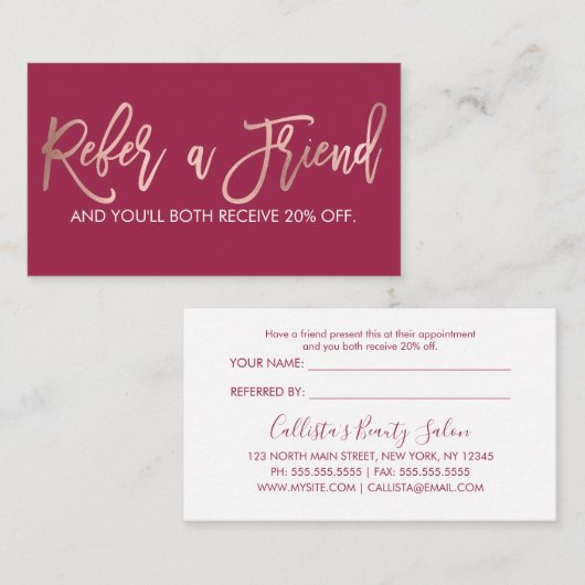 シンプルバラ金ゴールドモダンタイポグラフィダークピンク 紹介カード (正面/裏面)