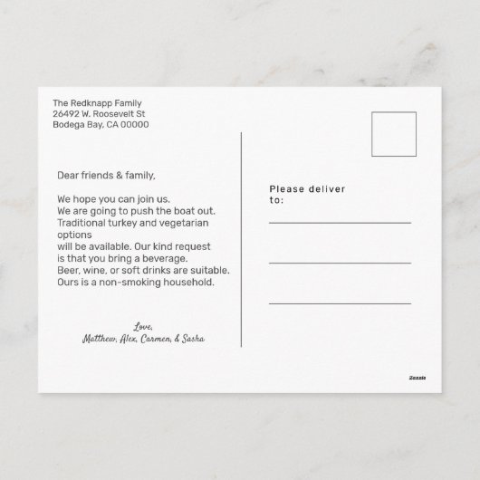 シンプルパイフレンドサンドディナーパーティの招待状 シーズンポストカード (裏面)