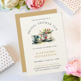 シンプルパステルスタイリッシュ金ゴールドブライダルティーウォーターカラー 招待状