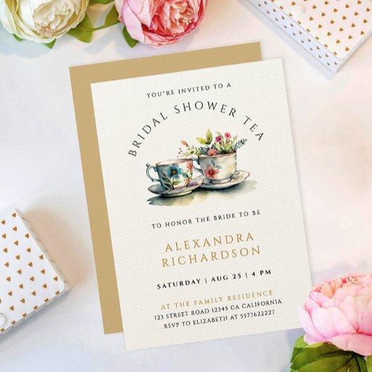 シンプルパステルスタイリッシュ金ゴールドブライダルティーウォーターカラー 招待状