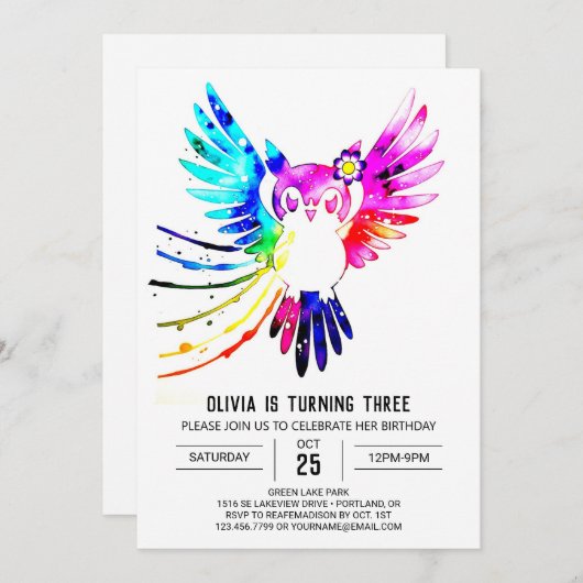 シンプルパステルデジタルフクロウ誕生日 招待状 (正面/裏面)