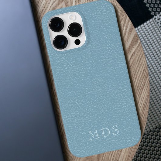 シンプルパステルブルーフェイクレザールックモノグラムの Case-Mate iPhoneケース