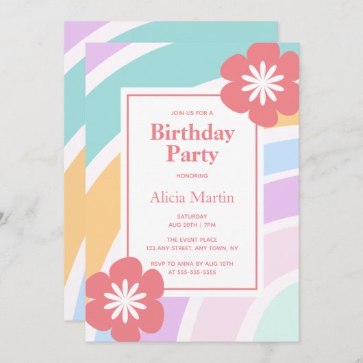 シンプルパステルモダンレインボーフラワーバースデーパーティー 招待状 (正面/裏面)