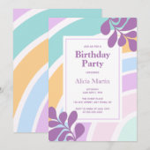 シンプルパステルモダンレインボーリーフバースデーパーティー 招待状 (正面/裏面)