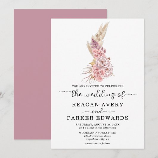 シンプルパンパスグラスフローラバラとパープル結婚ズ 招待状 (正面/裏面)